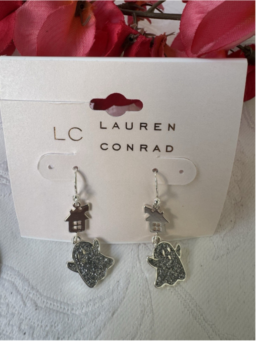 LC Lauren Conrad Dainty Earrings Dangle Halloween Ghosts Silvertone Spooky NEW